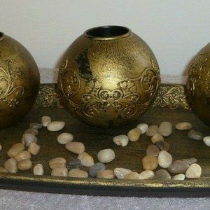 Tray with candle holders,stones,19 inches long